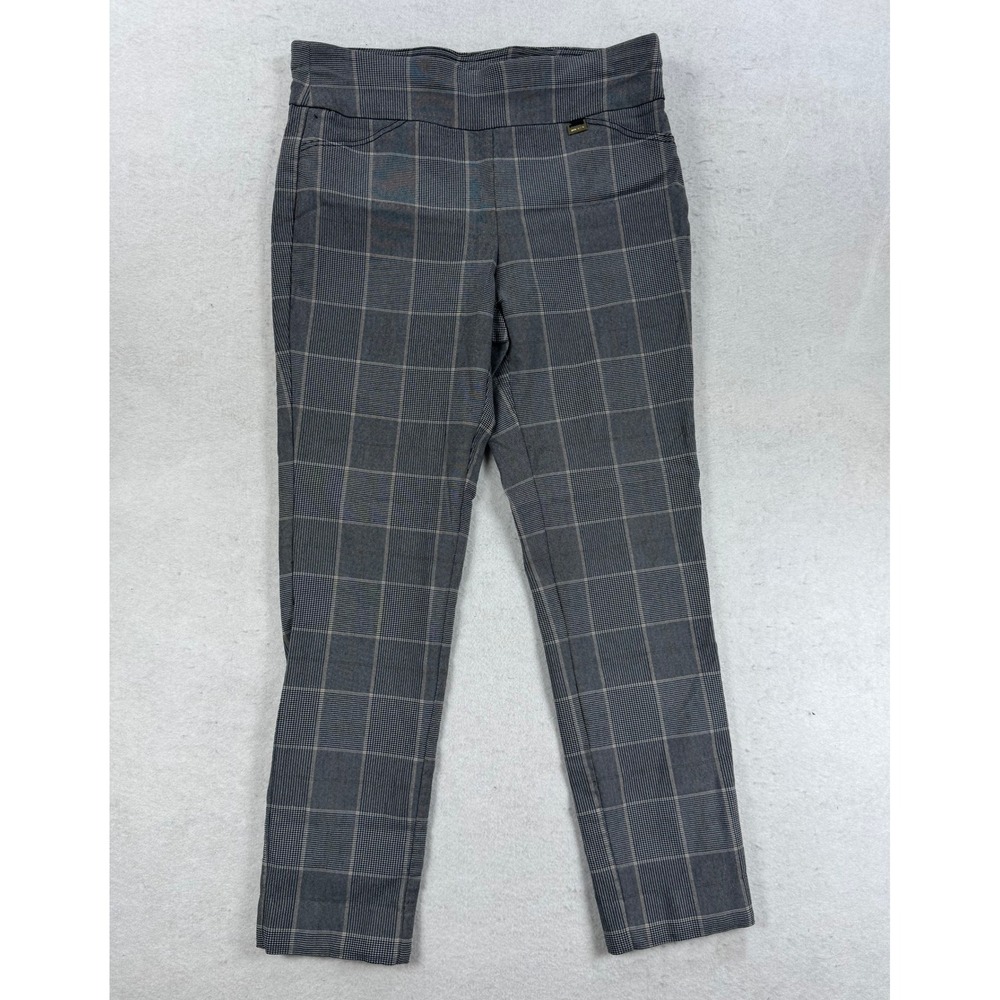 Anne Klein Grey Glen Plaid Ankle Pants Gold Logo Hardware Trousers Size 10